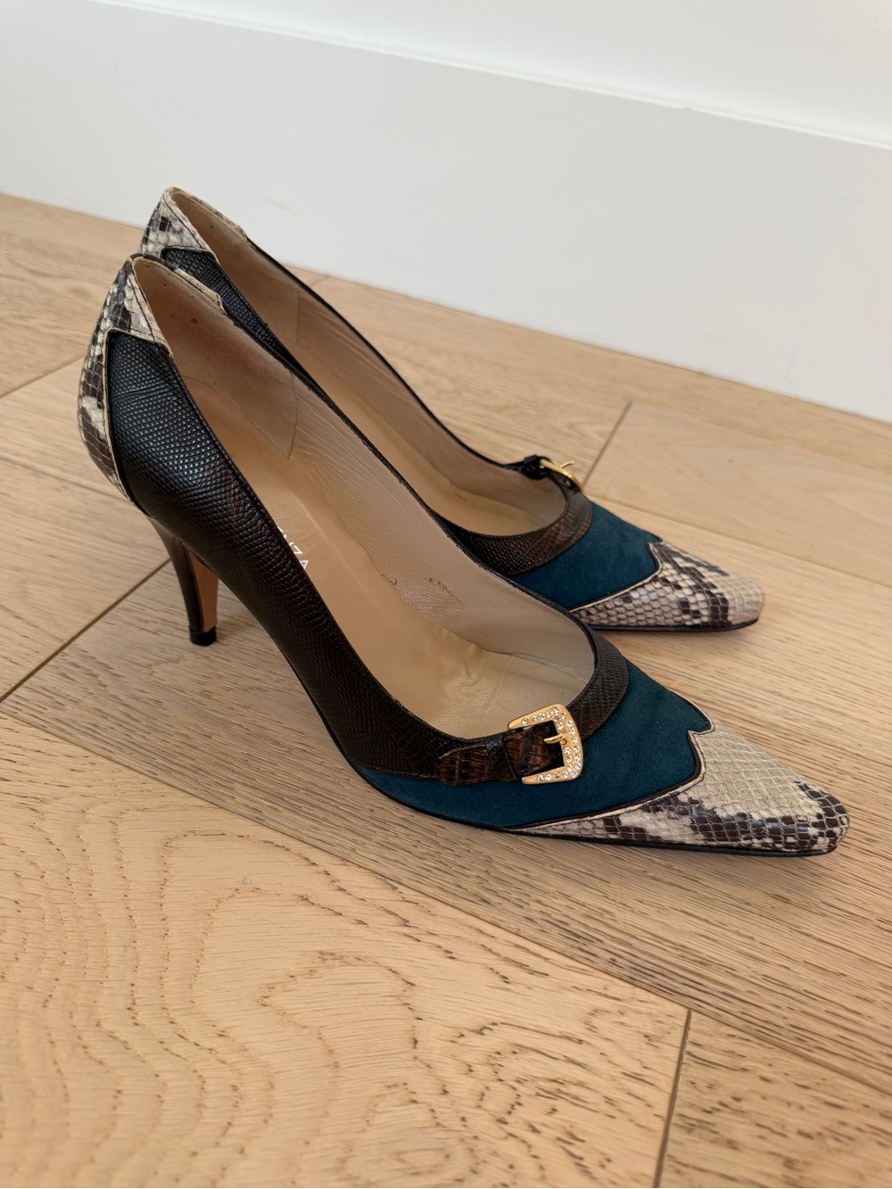RAMON TENZA Leather Heels Snakeskin Colour Block Rhinestone Buckle Pointy Toe 8M